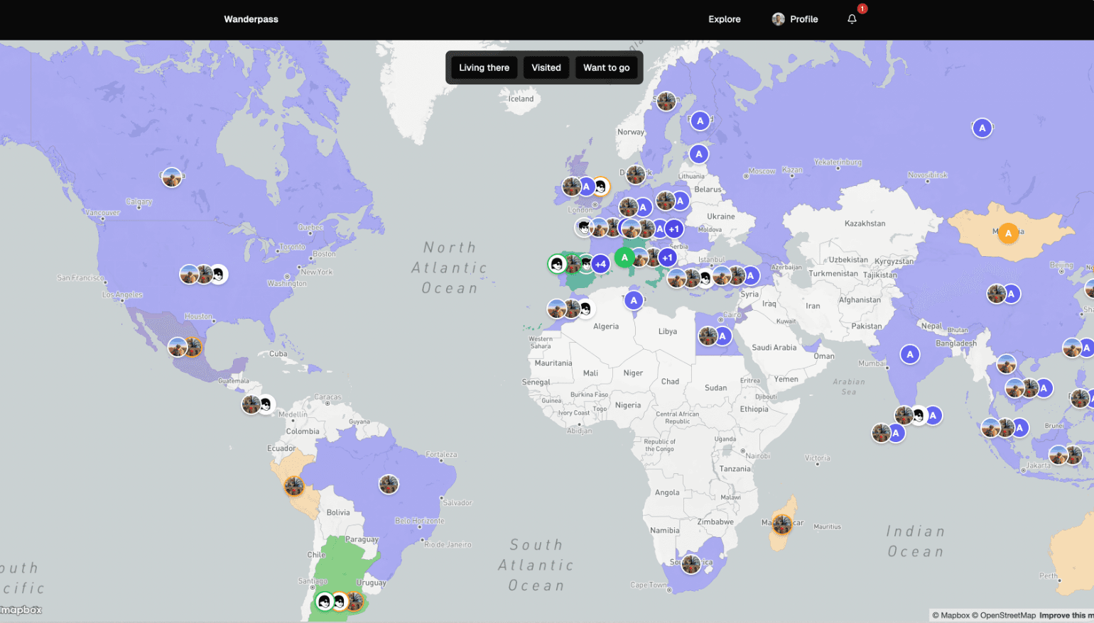 Interactive map showing where users have traveled, want to go, and currently live.